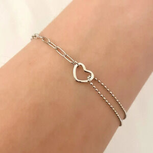 925 Sterling Silver Heart Bracelet Dainty Bracelet Asymmetric Chain Bracelet